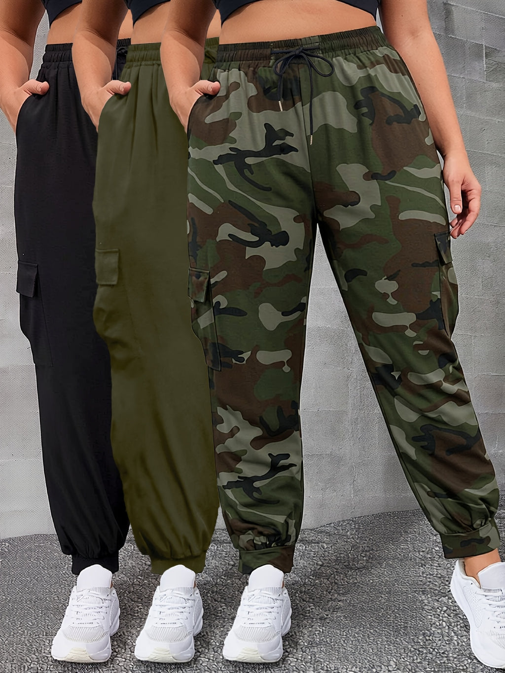Pantalon cargo grande taille — Trio noir, kaki, camouflage