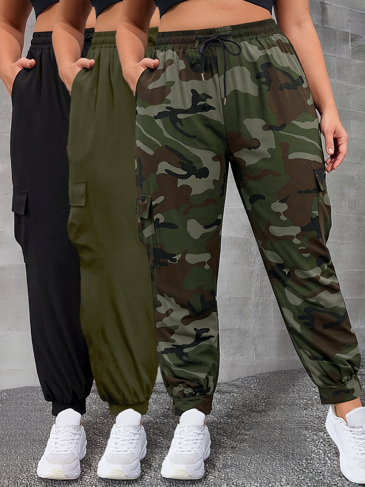 Pantalon cargo grande taille — Trio noir, kaki, camouflage