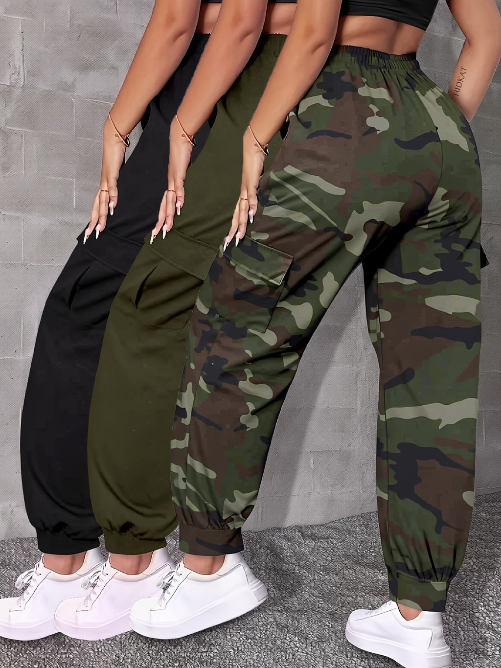 Pantalon cargo grande taille — Trio noir, kaki, camouflage