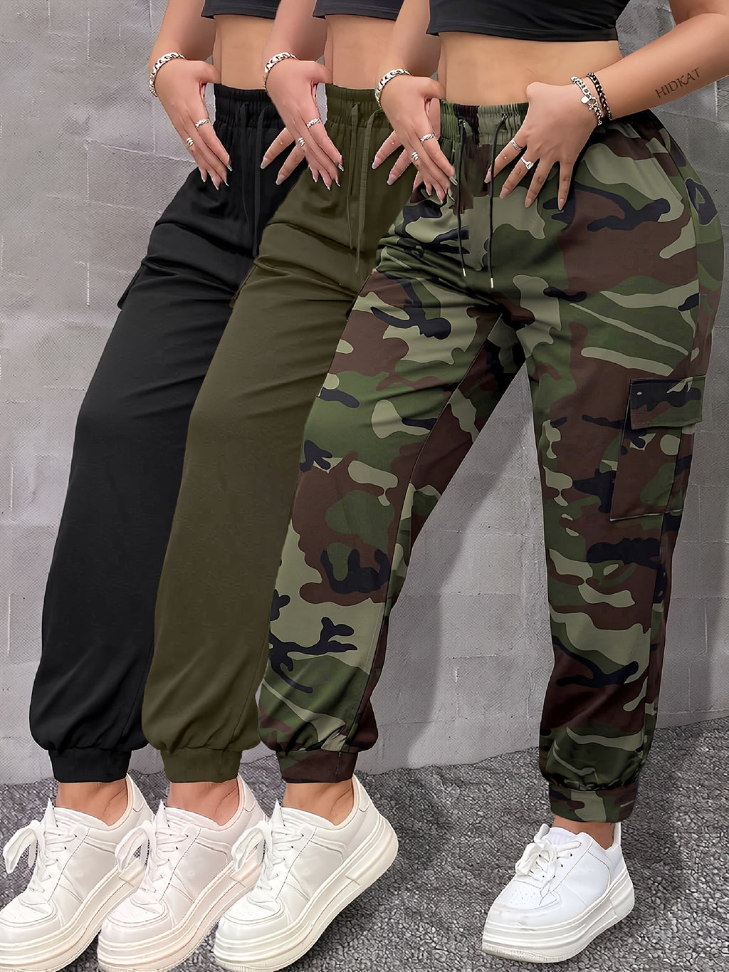 Pantalon cargo grande taille — Trio noir, kaki, camouflage