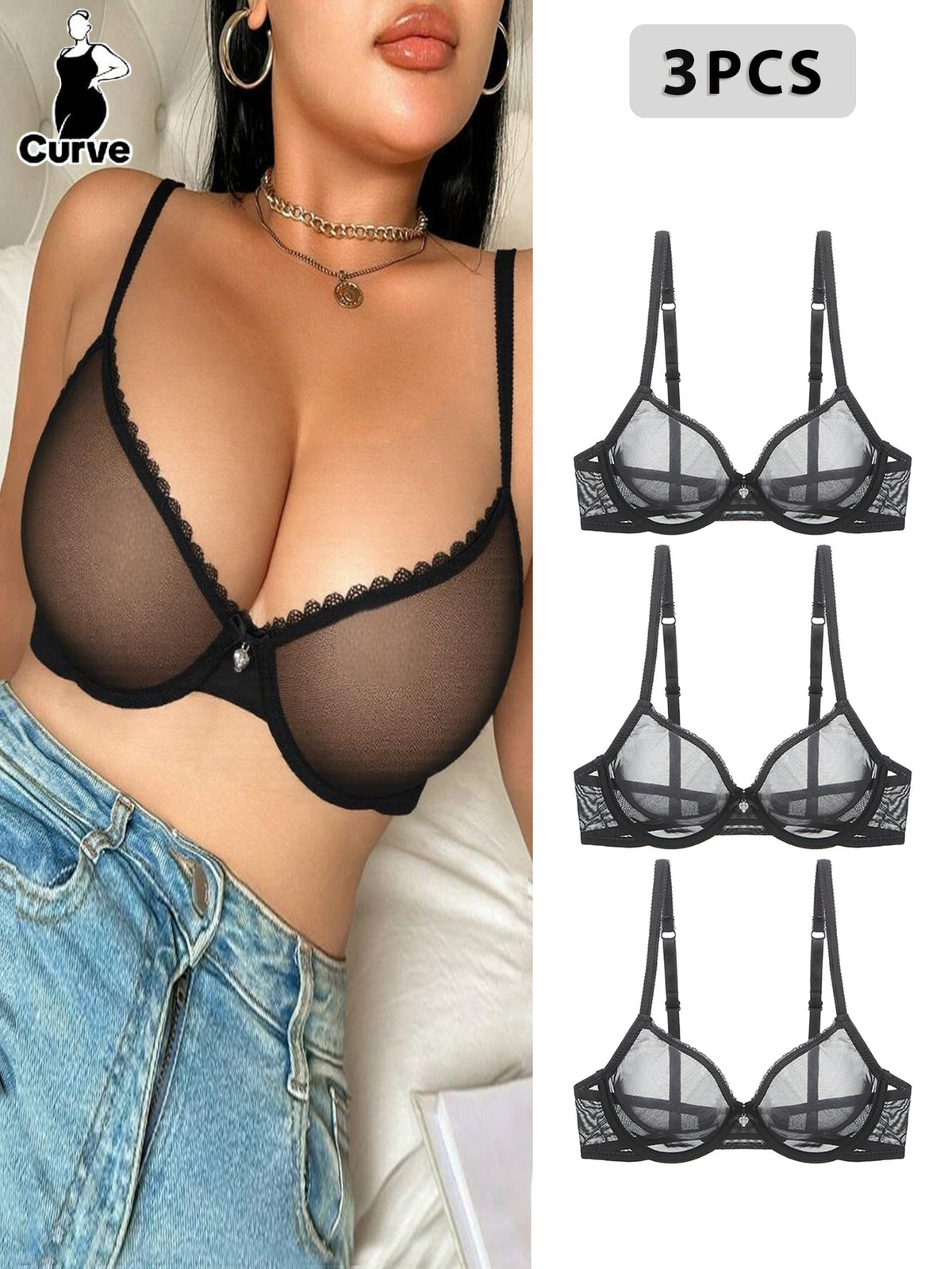 Soutien-gorge grande taille — Lot de trois, résille noire