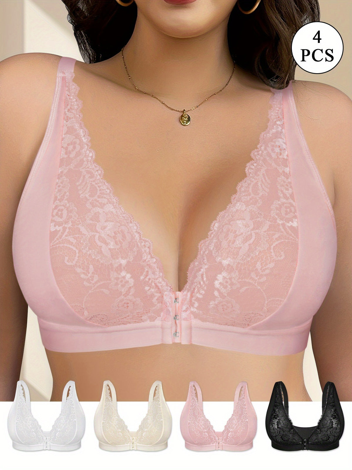 Soutien-gorge grande taille — Lot de 4, dentelle, agrafes devant
