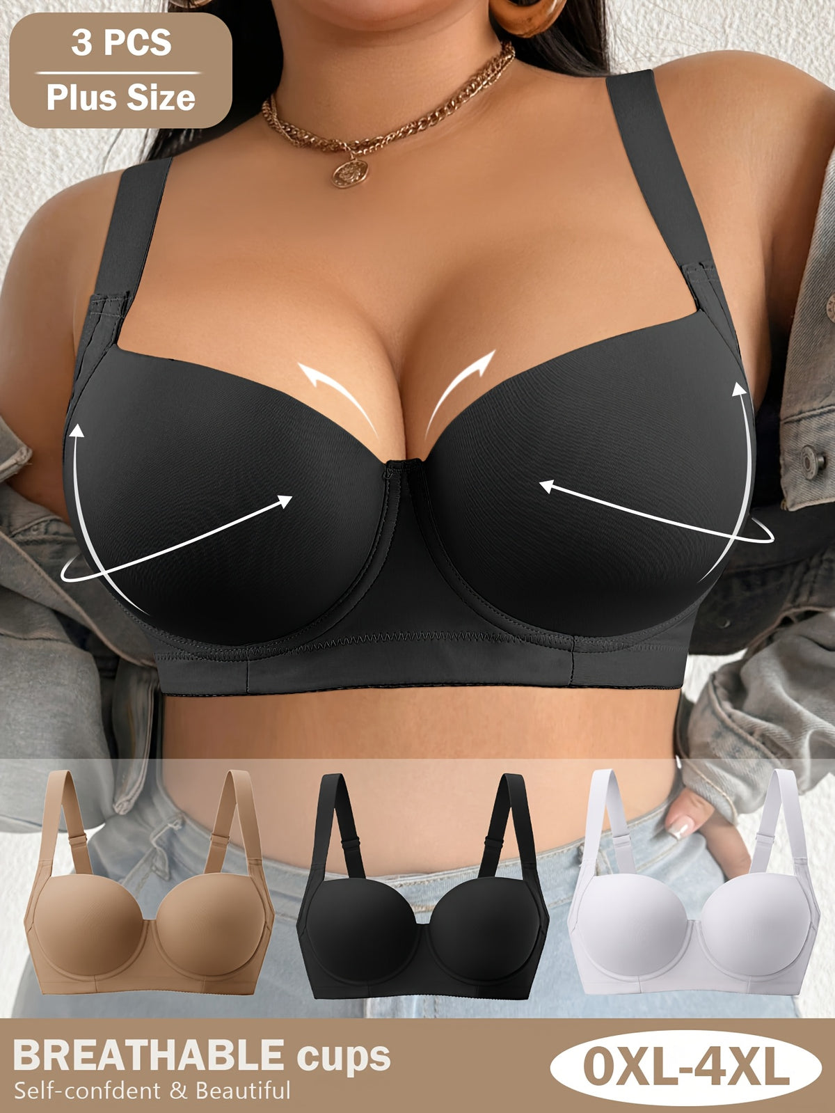 Lot de 3 soutiens-gorge grande taille — Bonnets moulés lisses