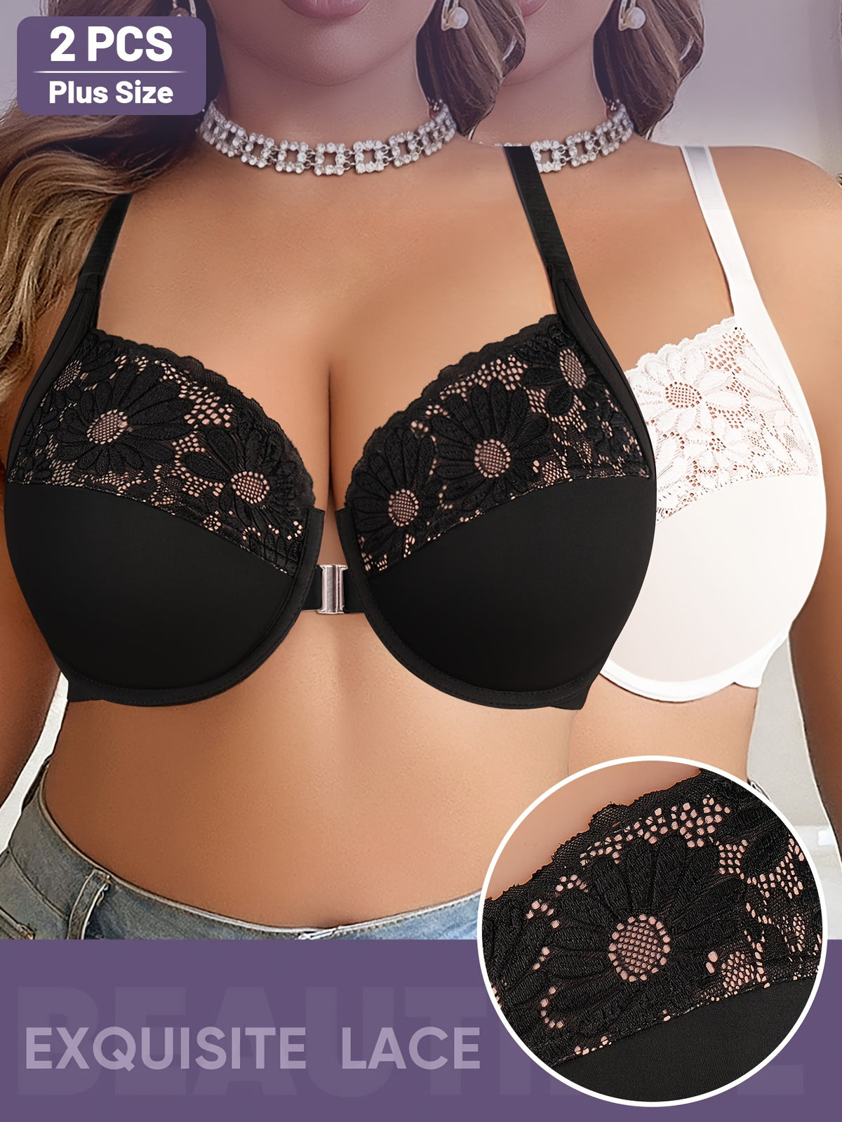 Soutien-gorge grande taille par deux — Clip devant, dentelle