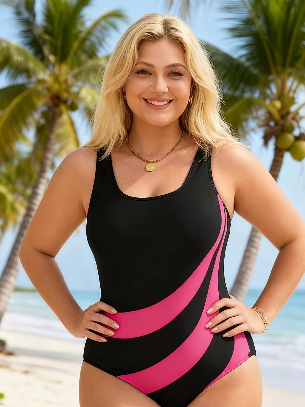 Maillot 1 pièce grande taille — Arcs fuchsia sur fond noir