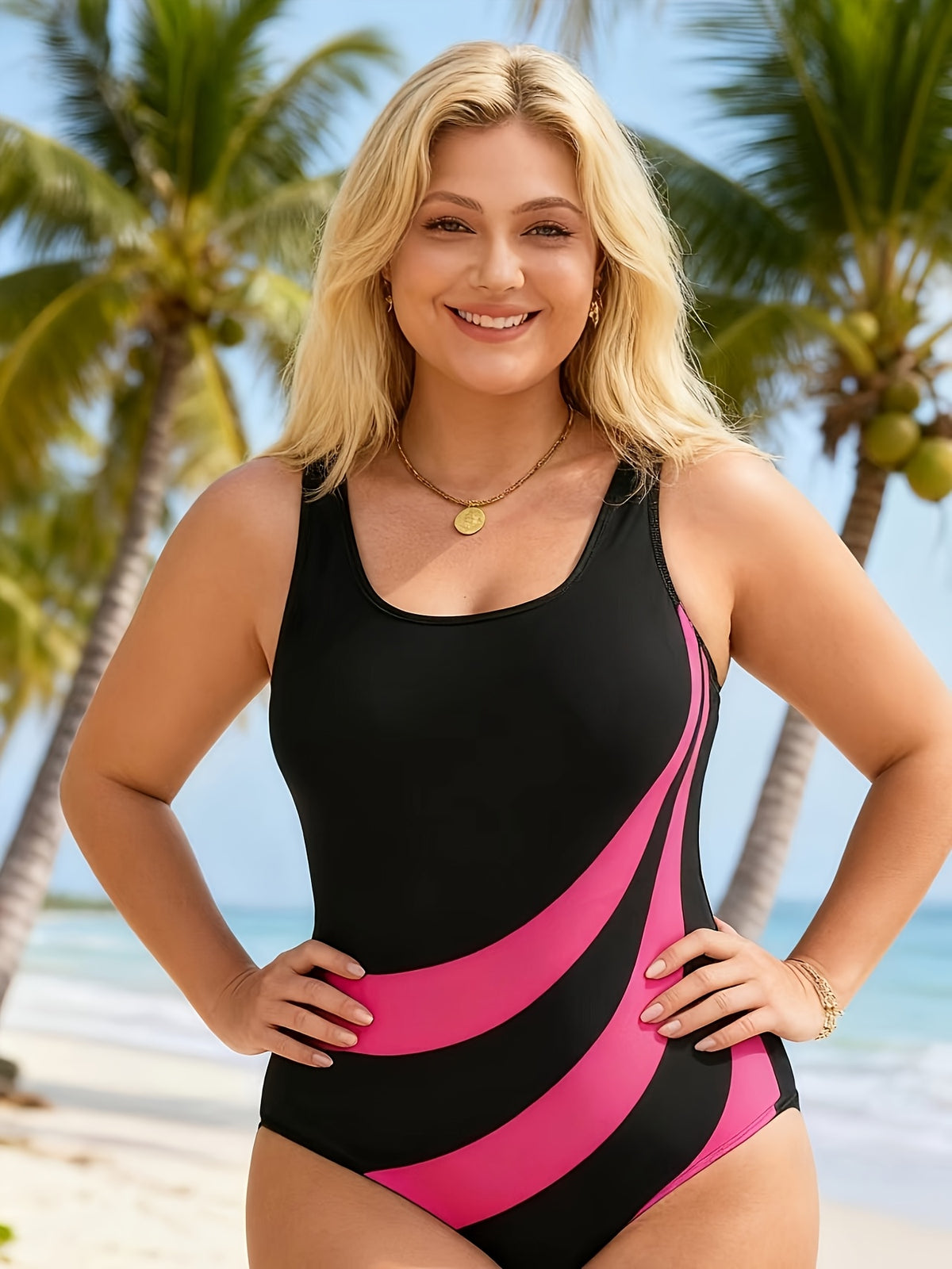 Maillot 1 pièce grande taille — Arcs fuchsia sur fond noir