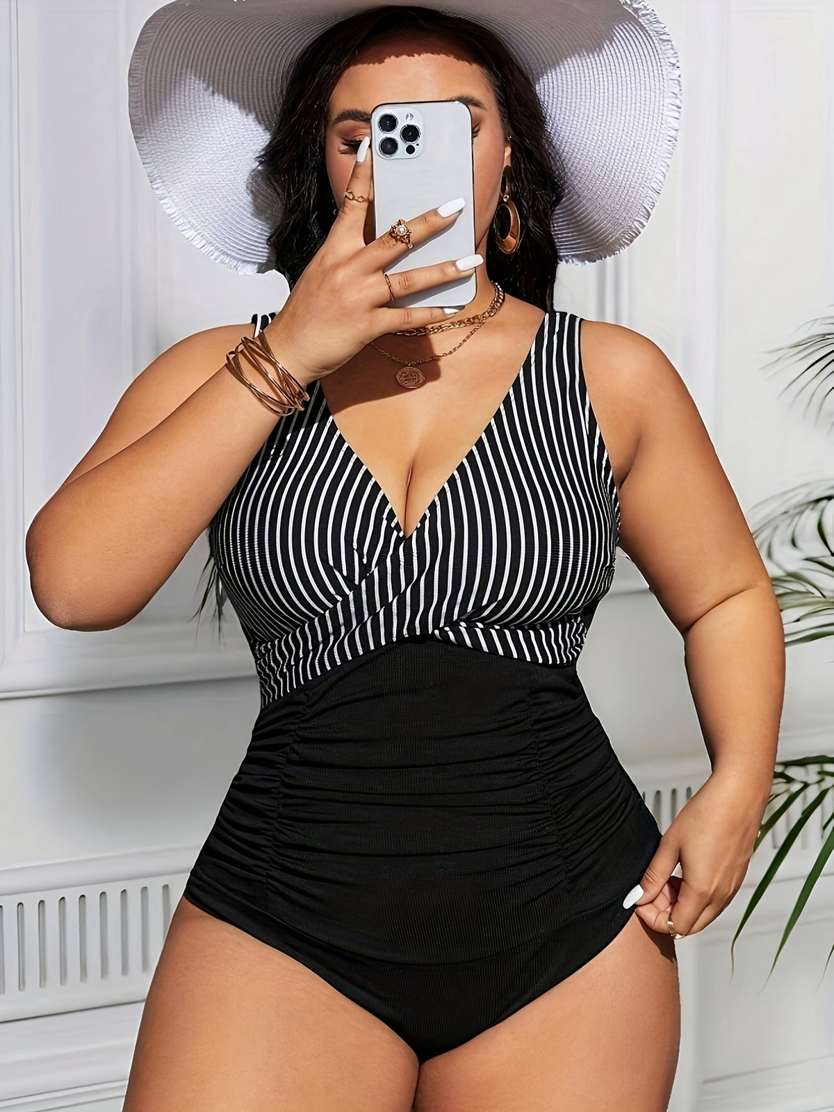 Maillot 1 pièce grande taille — Bicolore rayé et noir uni