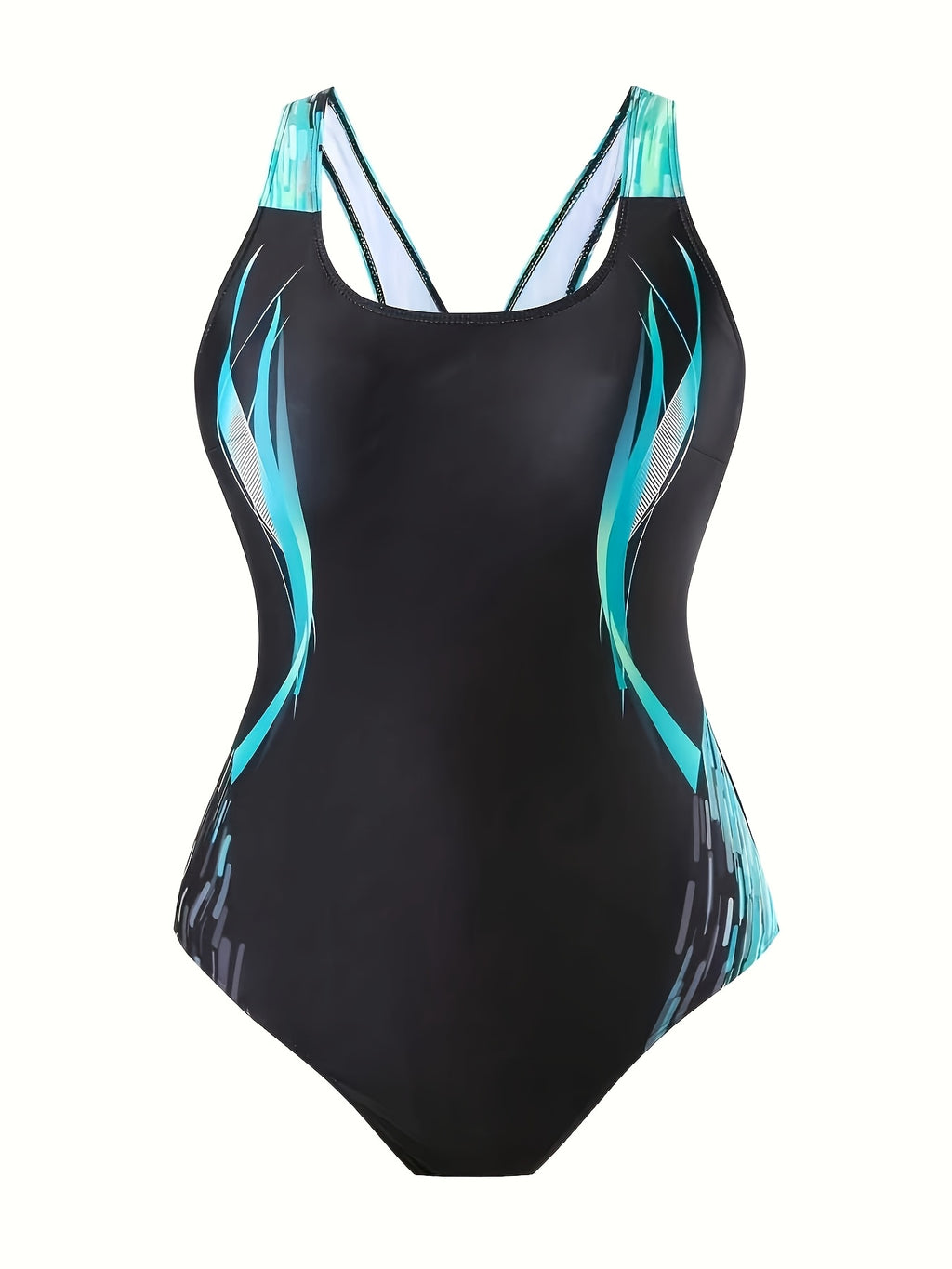 Maillot 1 pièce grande taille — Flammes turquoise et dos croisé