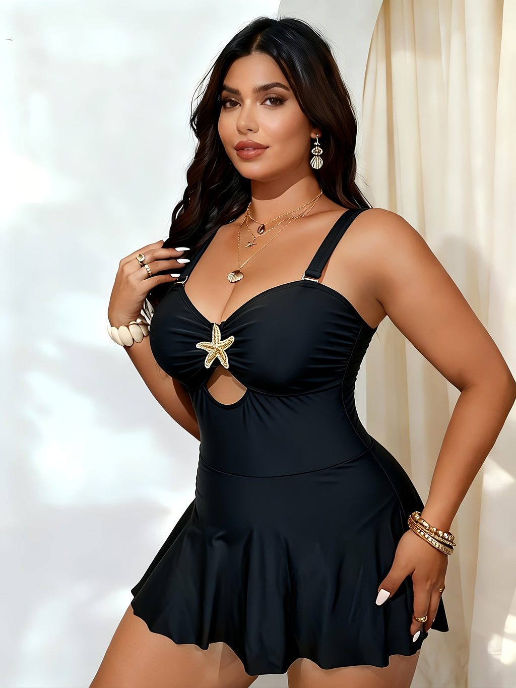 Maillot 1 pièce grande taille — Étoile dorée et jupe évasée