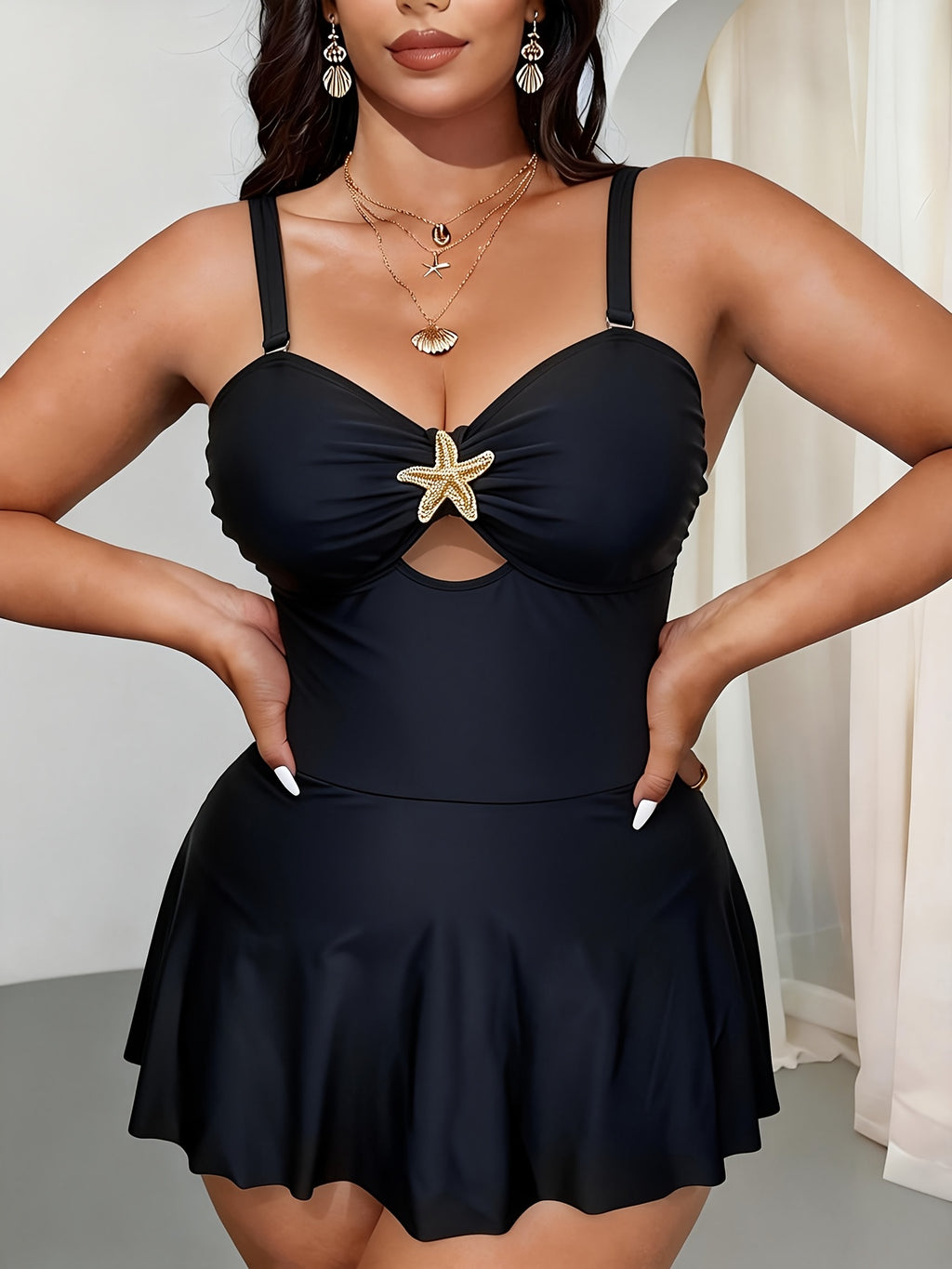 Maillot 1 pièce grande taille — Étoile dorée et jupe évasée