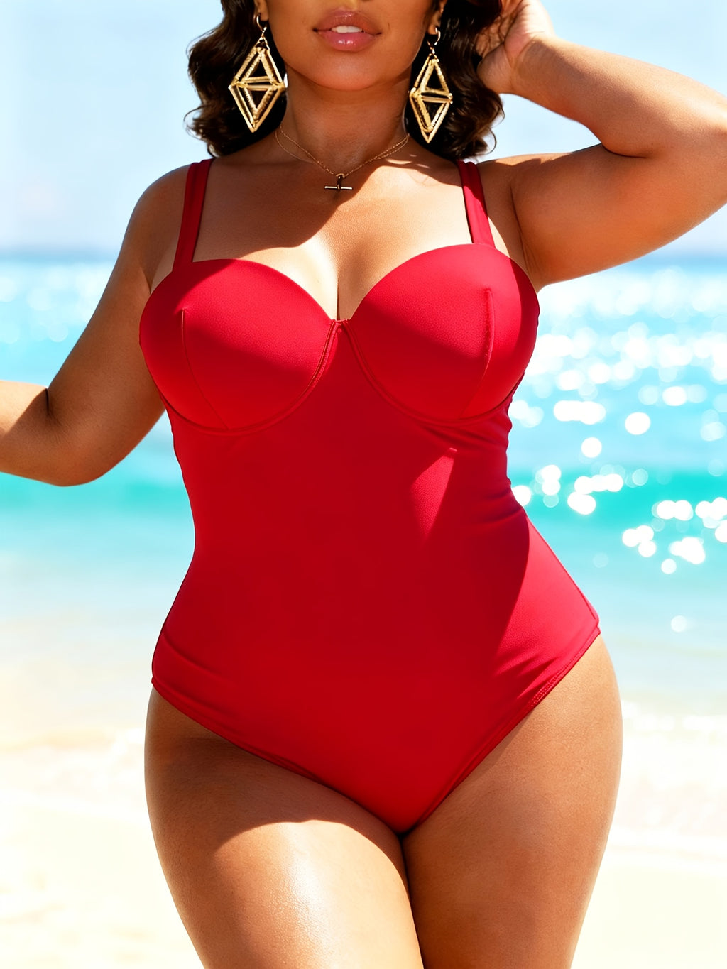Maillot 1 pièce grande taille — Rouge à dos entièrement lacé