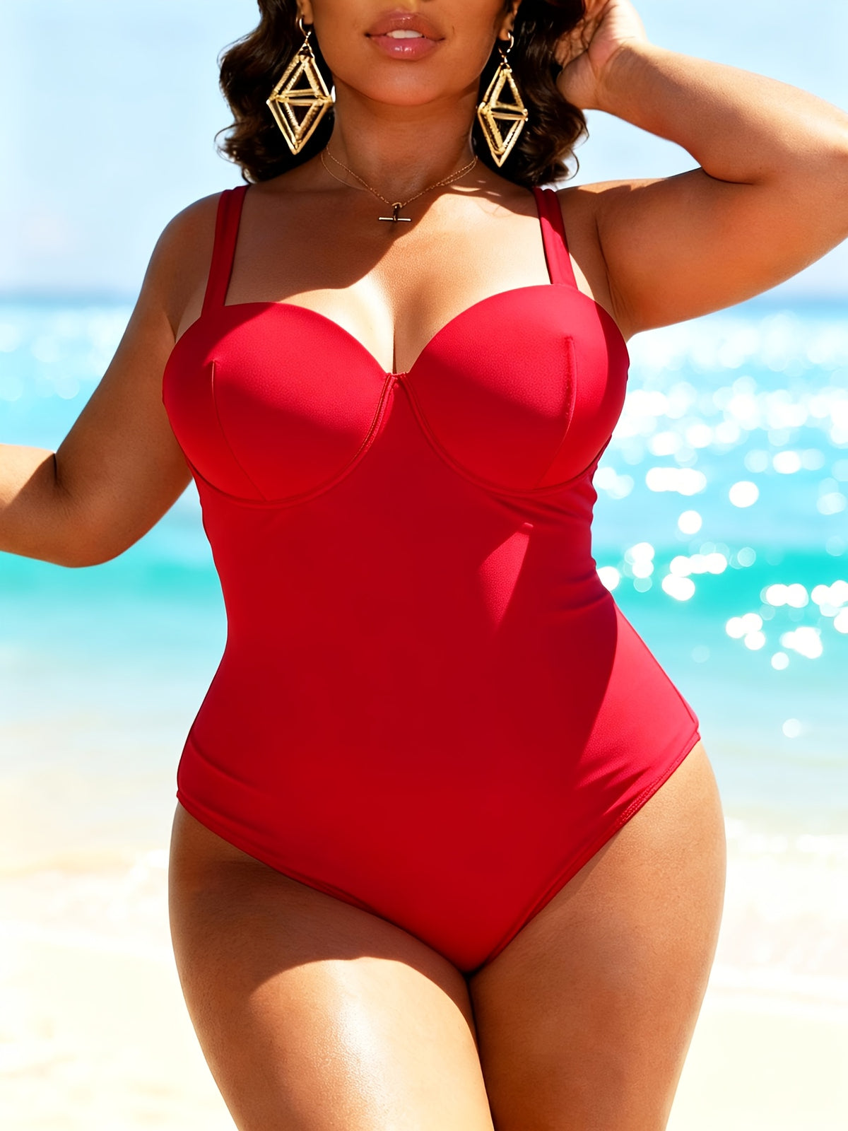 Maillot 1 pièce grande taille — Rouge à dos entièrement lacé