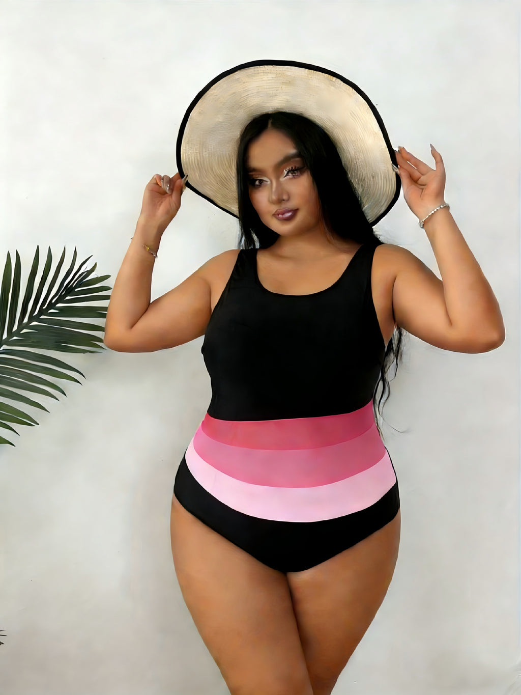 Maillot 1 pièce grande taille — Trois bandes roses à la taille