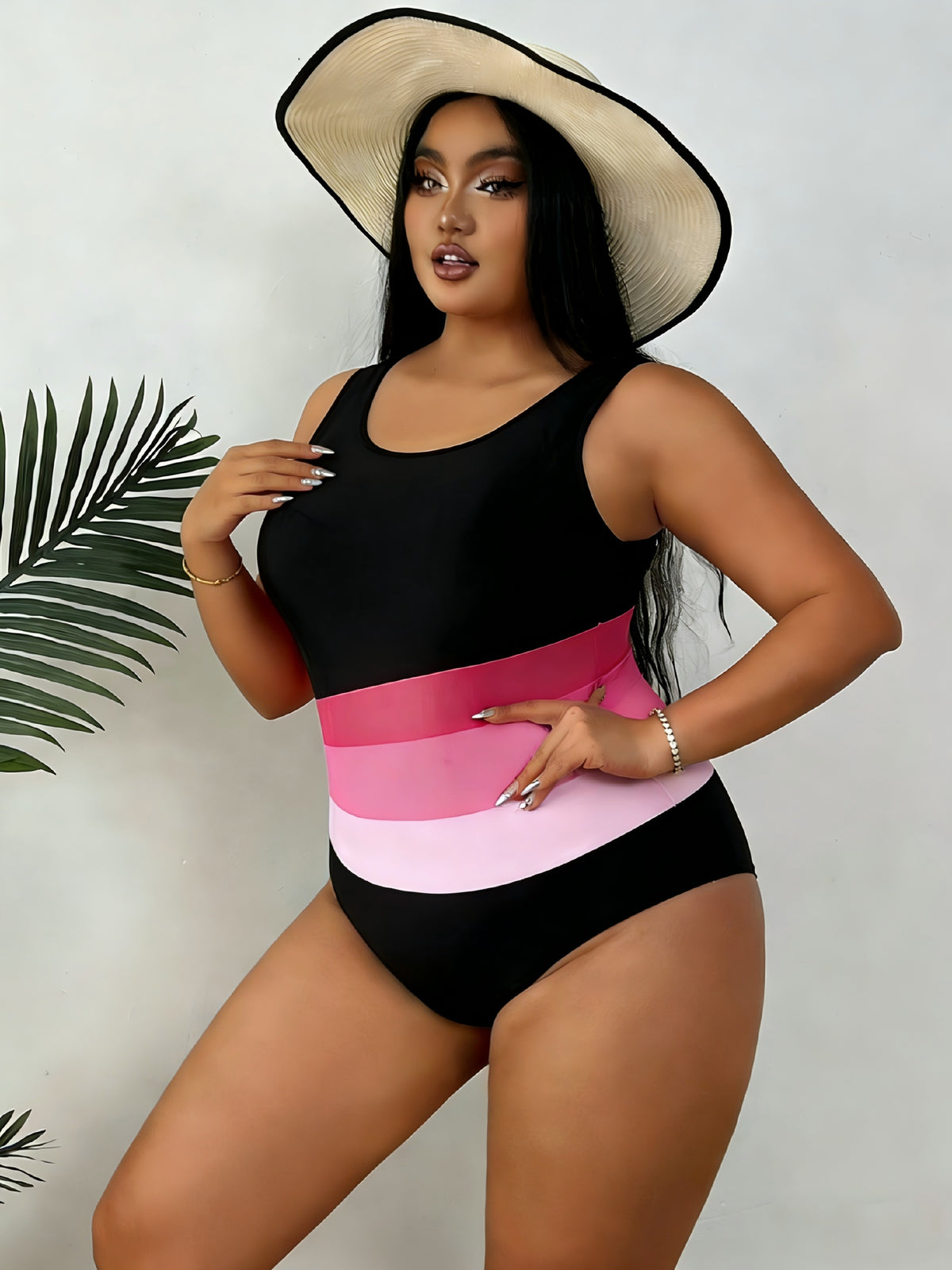 Maillot 1 pièce grande taille — Trois bandes roses à la taille