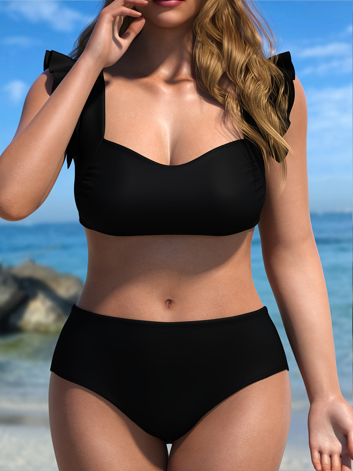 Maillot 2 pièces grande taille — Noir à volants d'épaule
