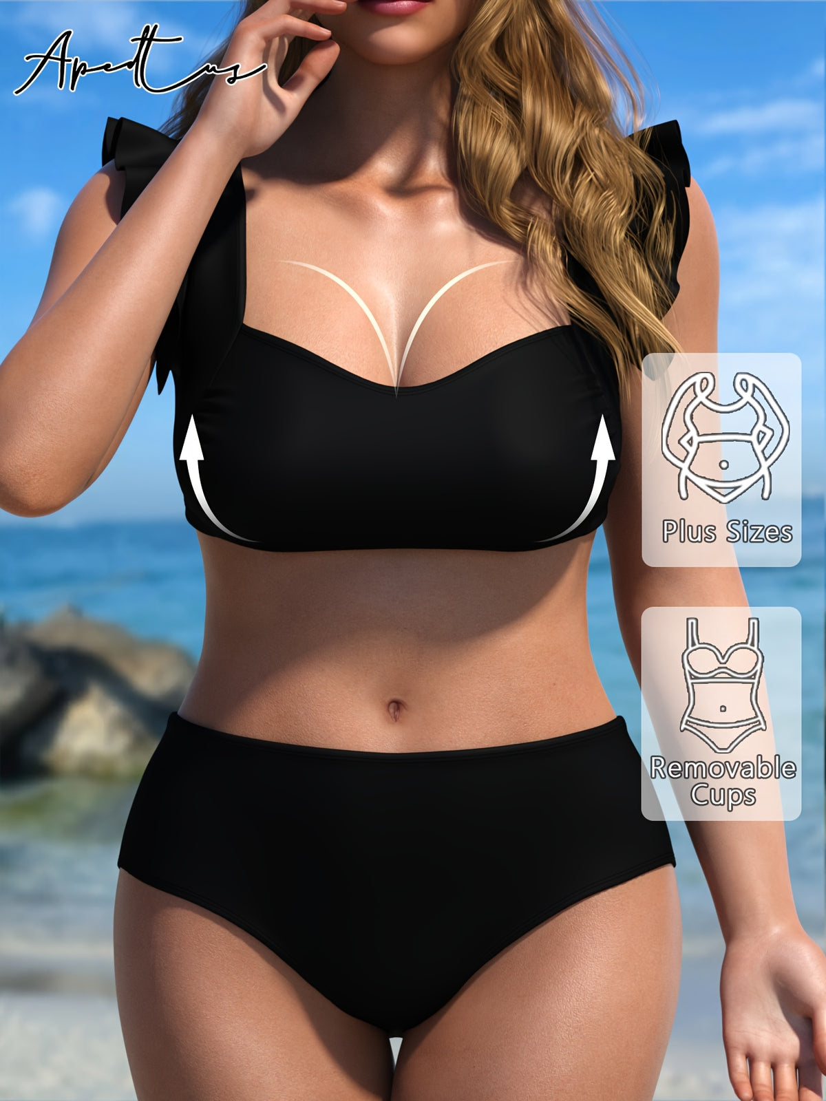 Maillot 2 pièces grande taille — Noir à volants d'épaule