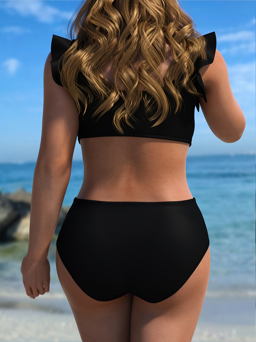 Maillot 2 pièces grande taille — Noir à volants d'épaule