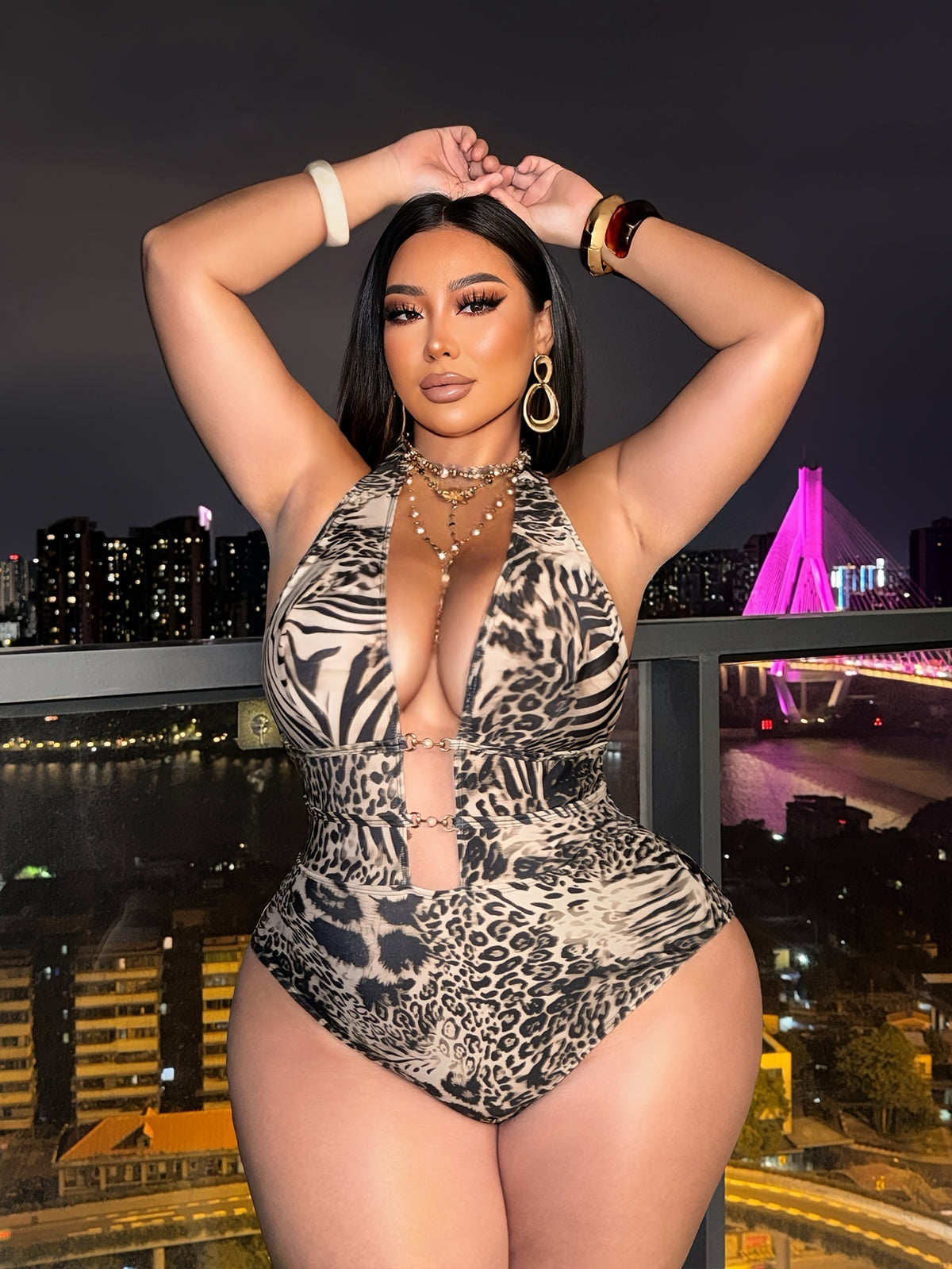 Maillot une pièce grande taille — Zèbre, léopard et chaîne