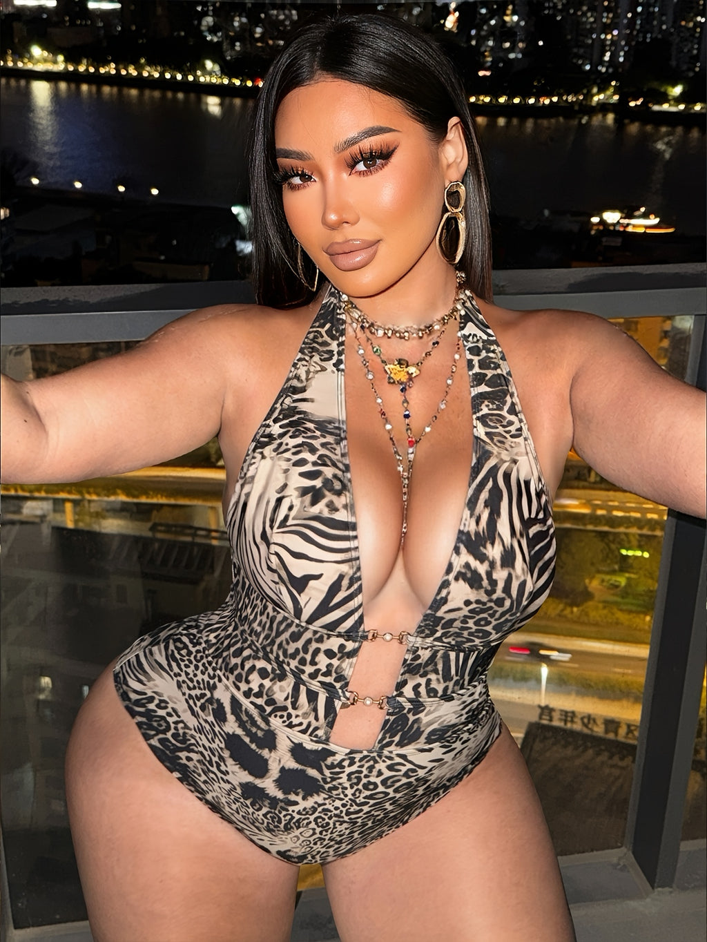 Maillot une pièce grande taille — Zèbre, léopard et chaîne