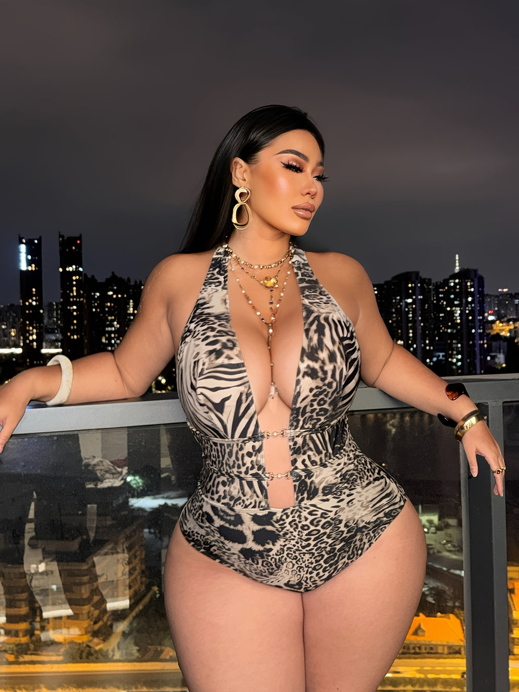 Maillot une pièce grande taille — Zèbre, léopard et chaîne