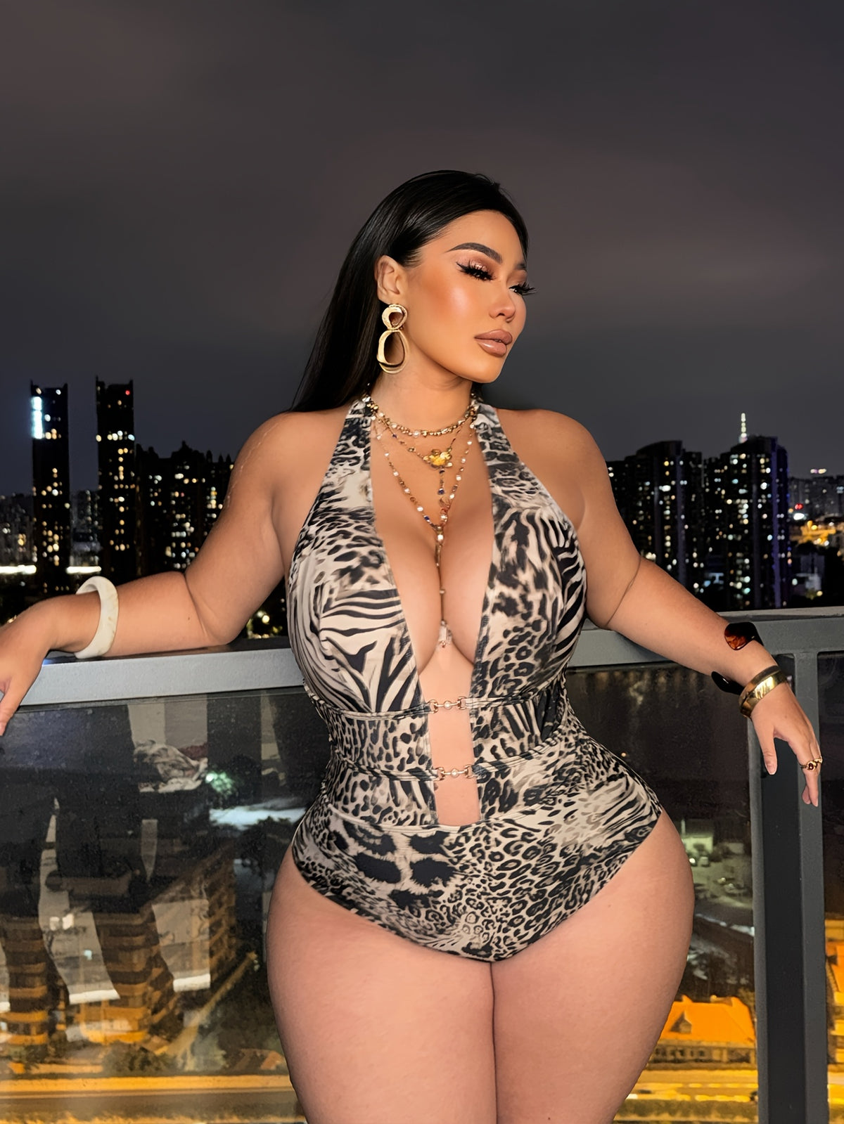 Maillot une pièce grande taille — Zèbre, léopard et chaîne