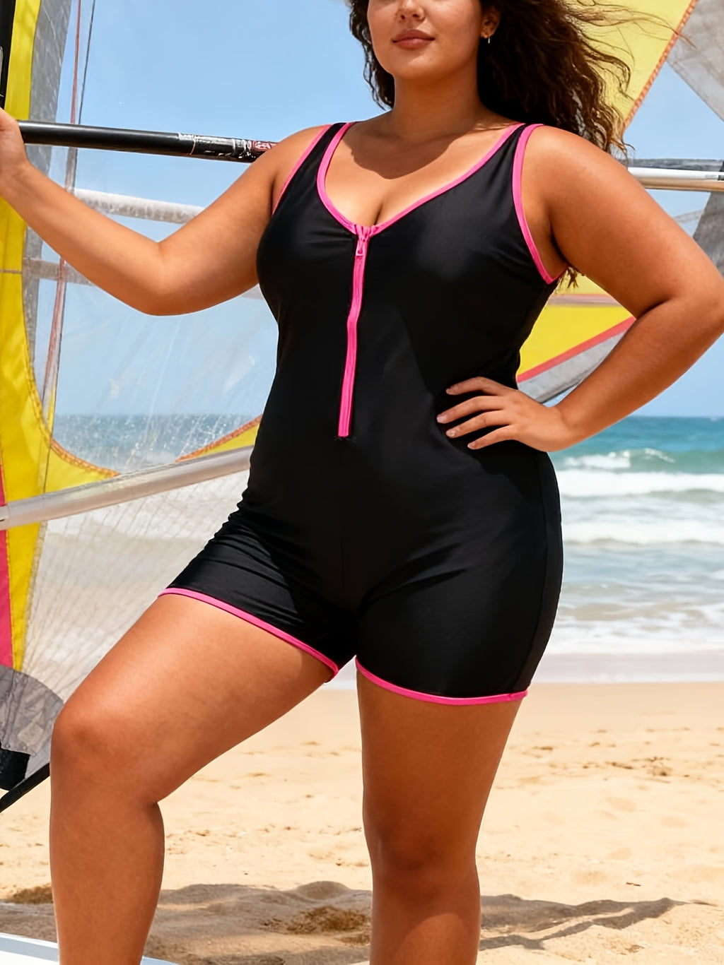 Maillot de natation grande taille — Zip et biais fuchsia