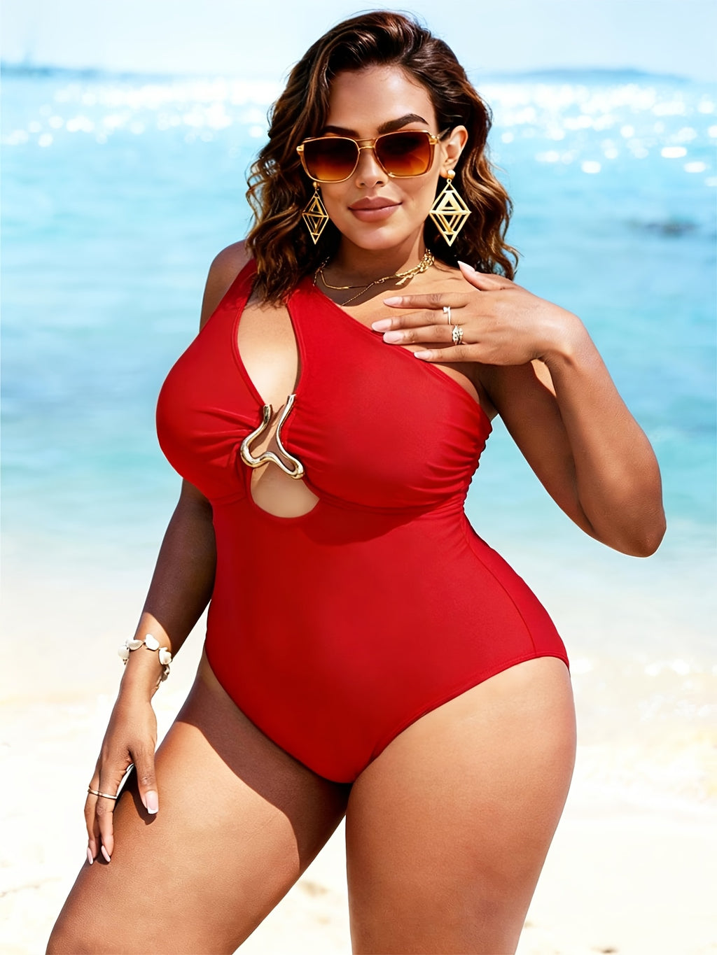 Maillot 1 pièce grande taille — Rouge asymétrique à bijou