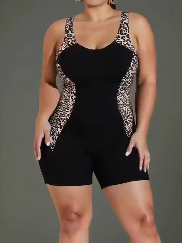 Maillot shorty grande taille — Flancs léopard beige et brun