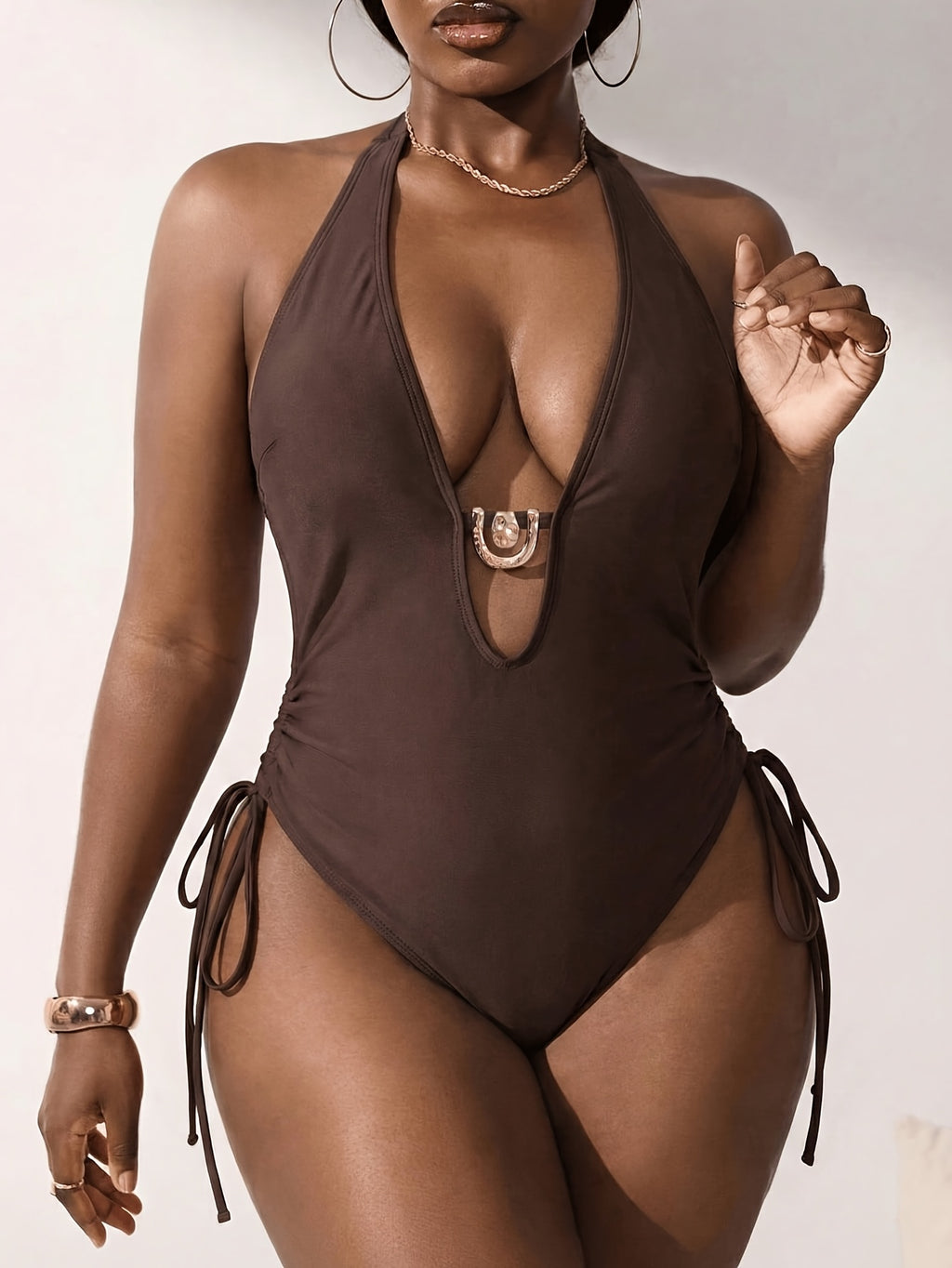 Maillot une pièce grande taille — Brun à cordons de hanche
