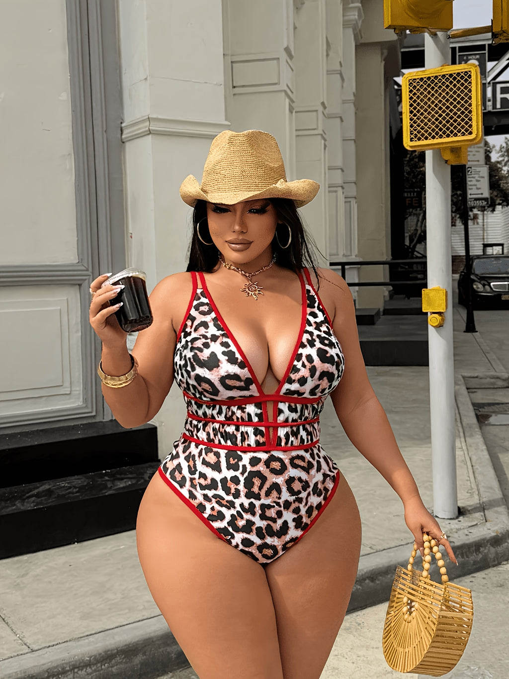 Maillot une pièce grande taille, léopard bordé