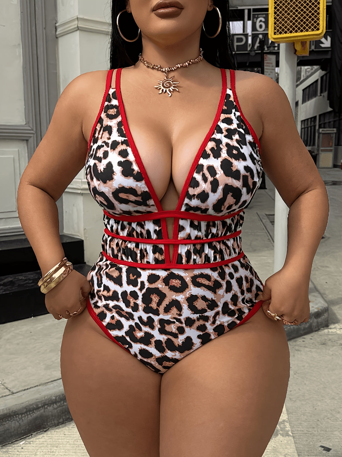Maillot une pièce grande taille, léopard bordé