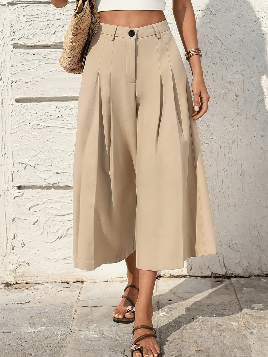 Pantacourt chic grande taille — Beige sable, taille plissée