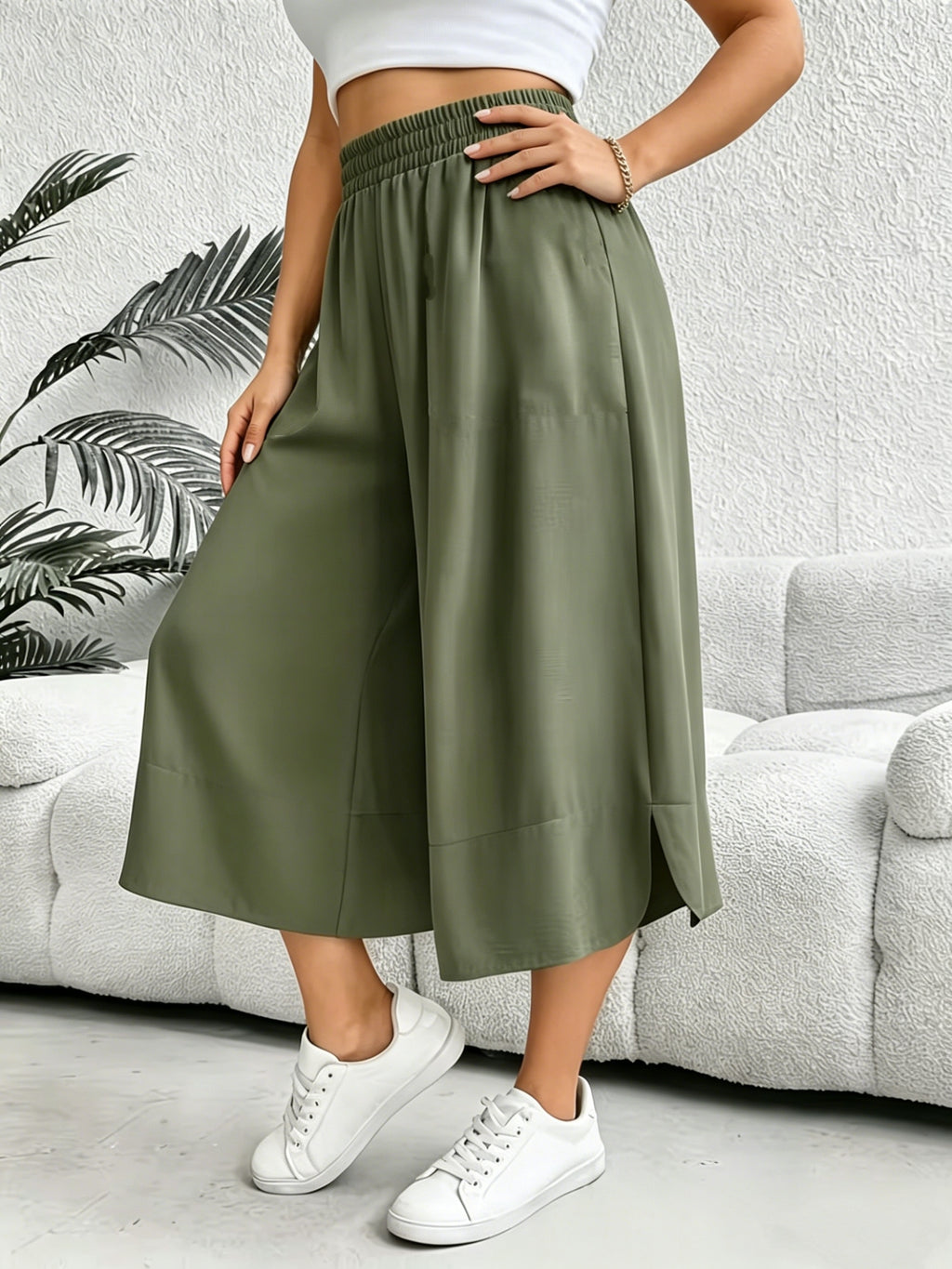Pantacourt large grande taille — Vert foncé, ourlets fendus