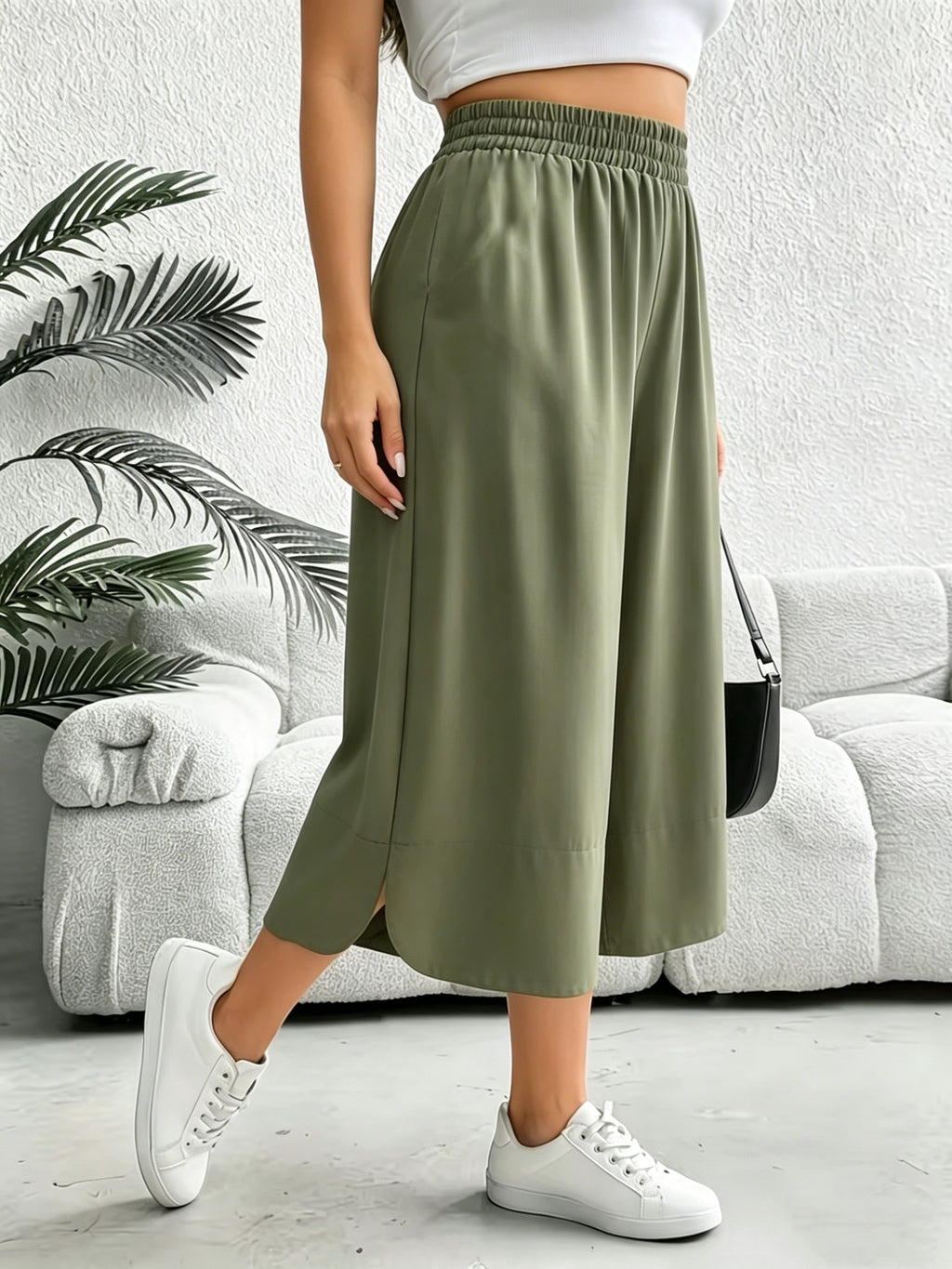 Pantacourt large grande taille — Vert foncé, ourlets fendus