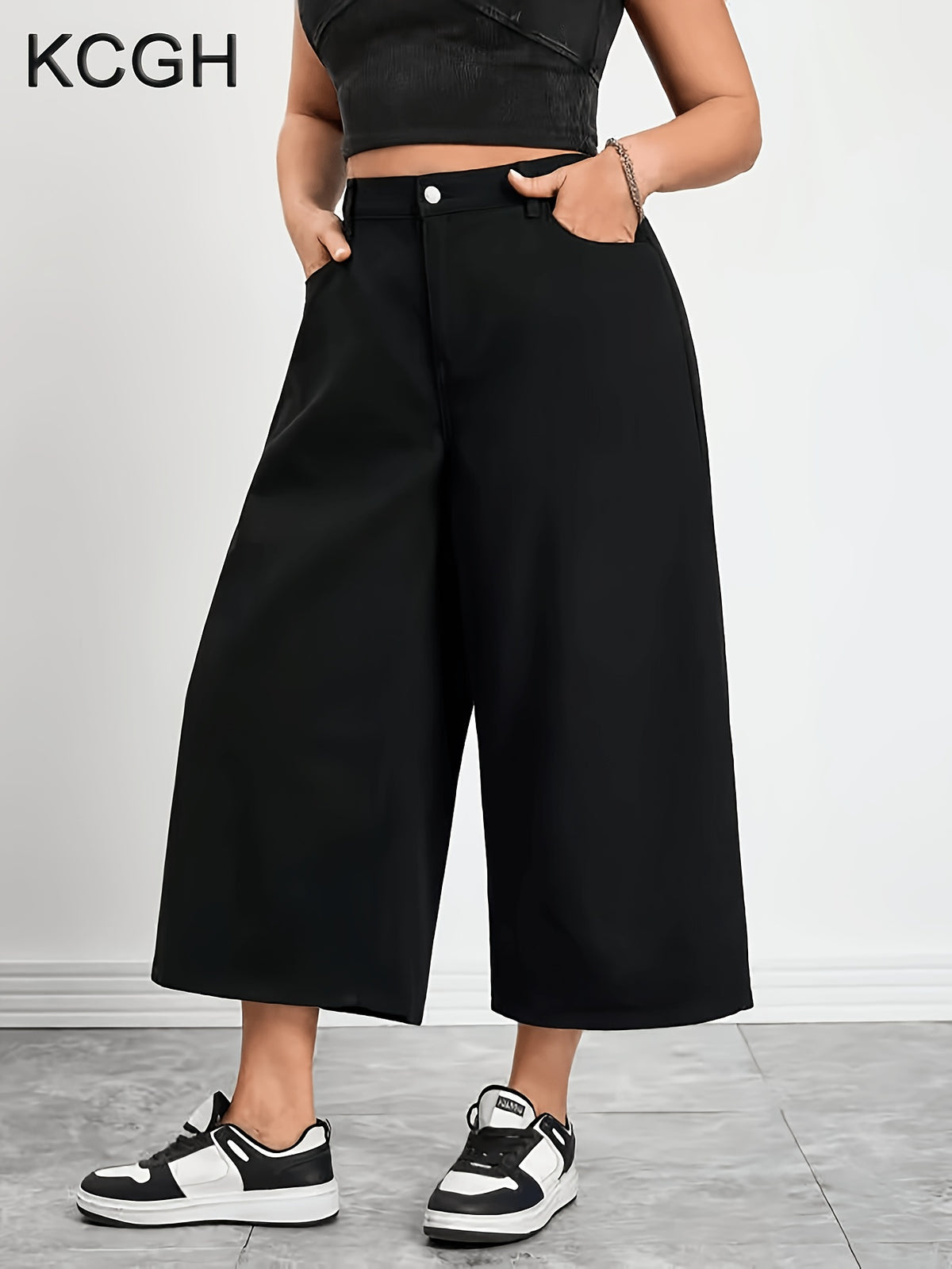Pantacourt grande taille — Jambe très large noir en coton