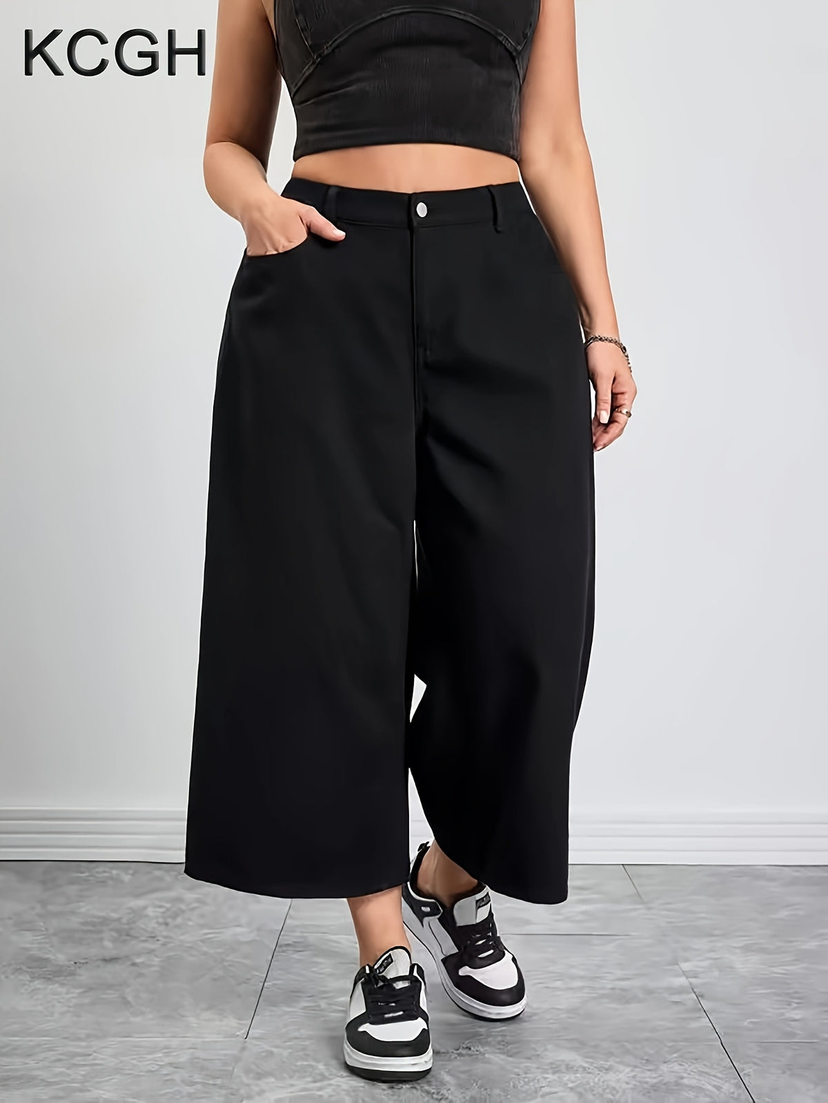 Pantacourt grande taille — Jambe très large noir en coton