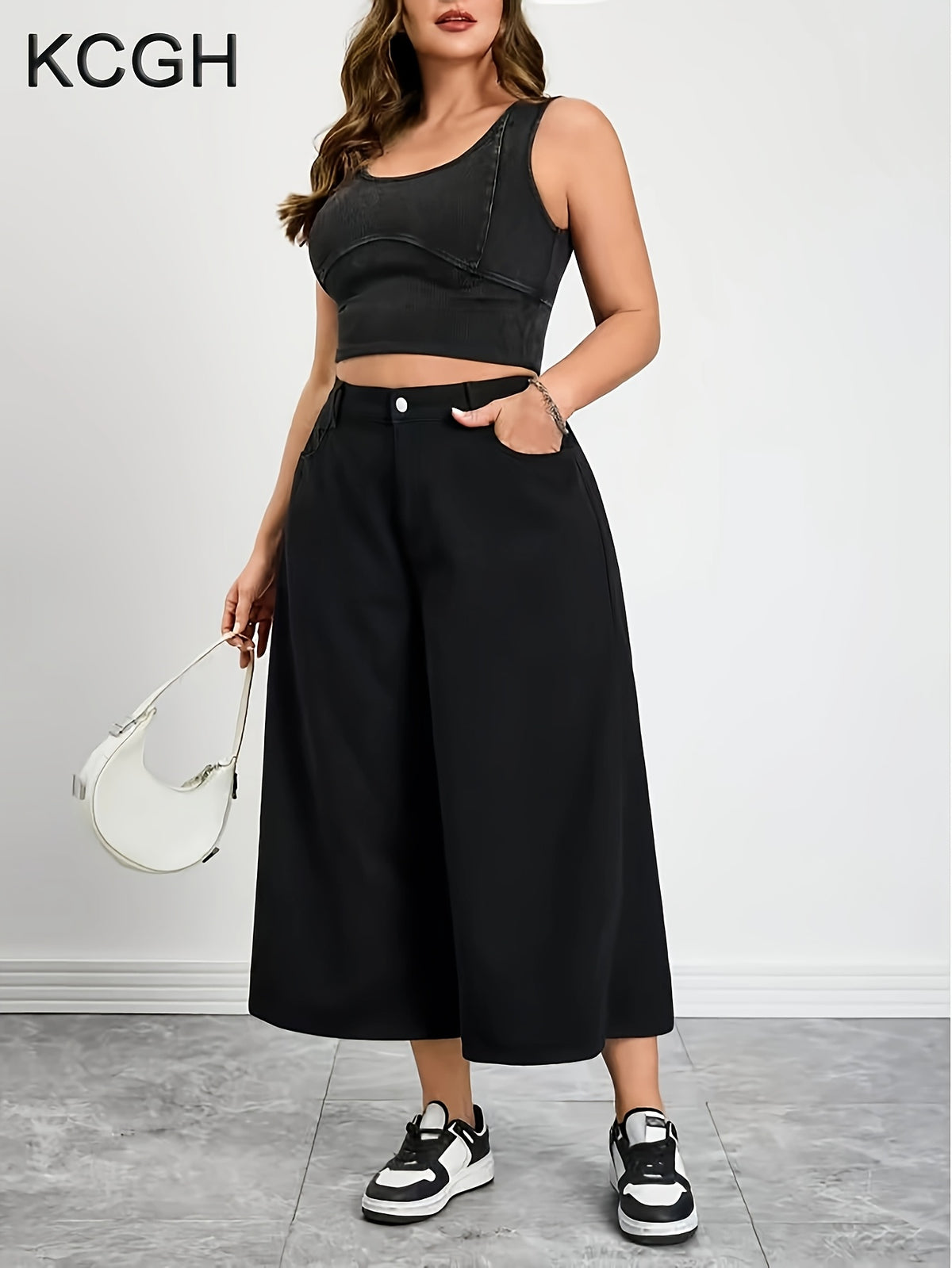 Pantacourt grande taille — Jambe très large noir en coton
