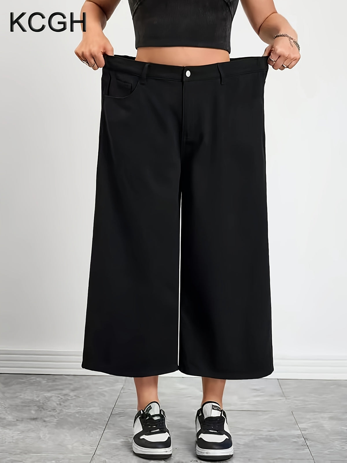 Pantacourt grande taille — Jambe très large noir en coton