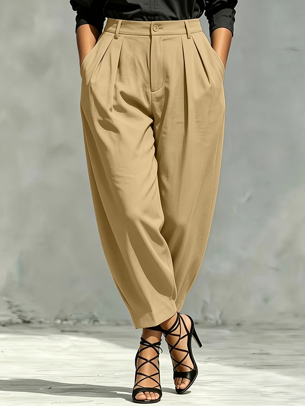 Pantalon à pinces grande taille — Noir ou sable, dos élastiqué
