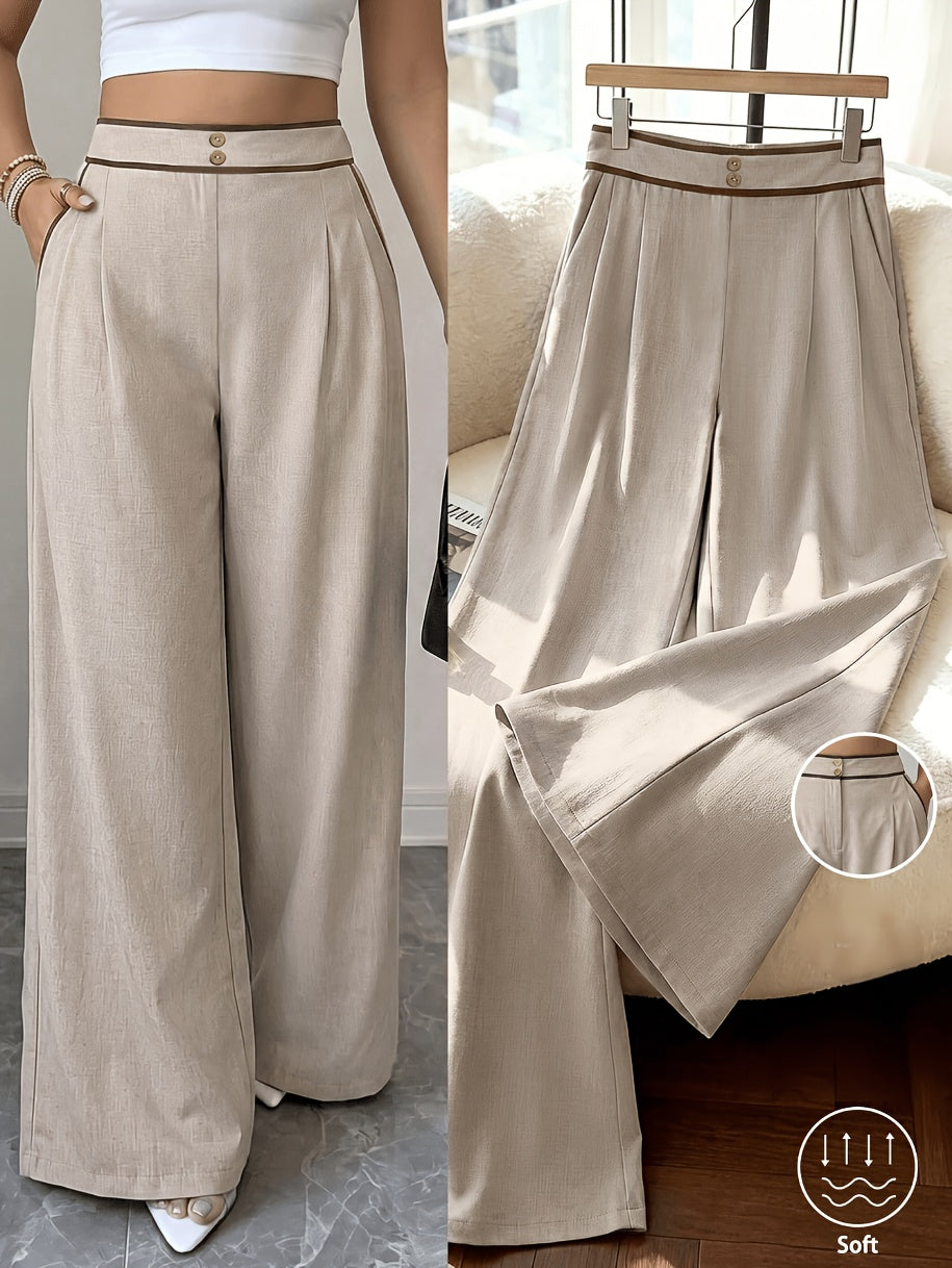 Pantalon beige grande taille — Liseré brun et plis larges