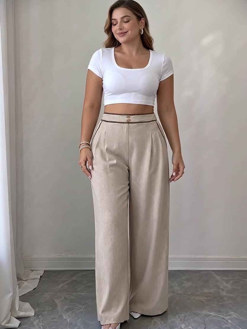 Pantalon beige grande taille — Liseré brun et plis larges