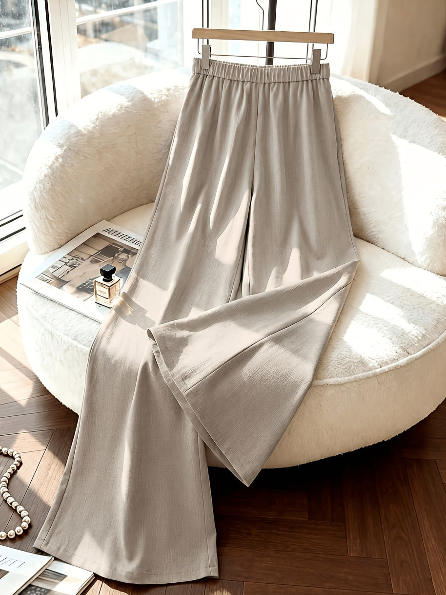 Pantalon beige grande taille — Liseré brun et plis larges