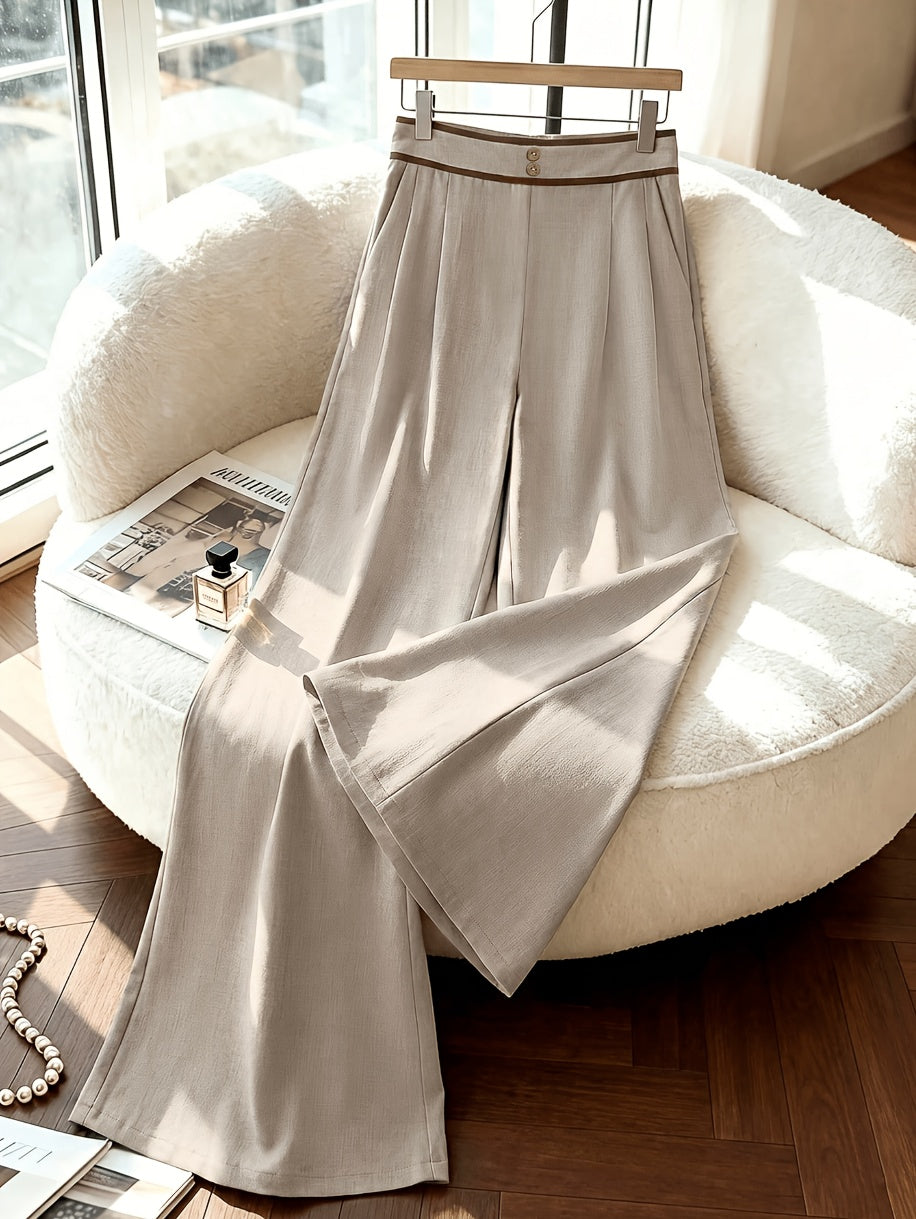 Pantalon beige grande taille — Liseré brun et plis larges