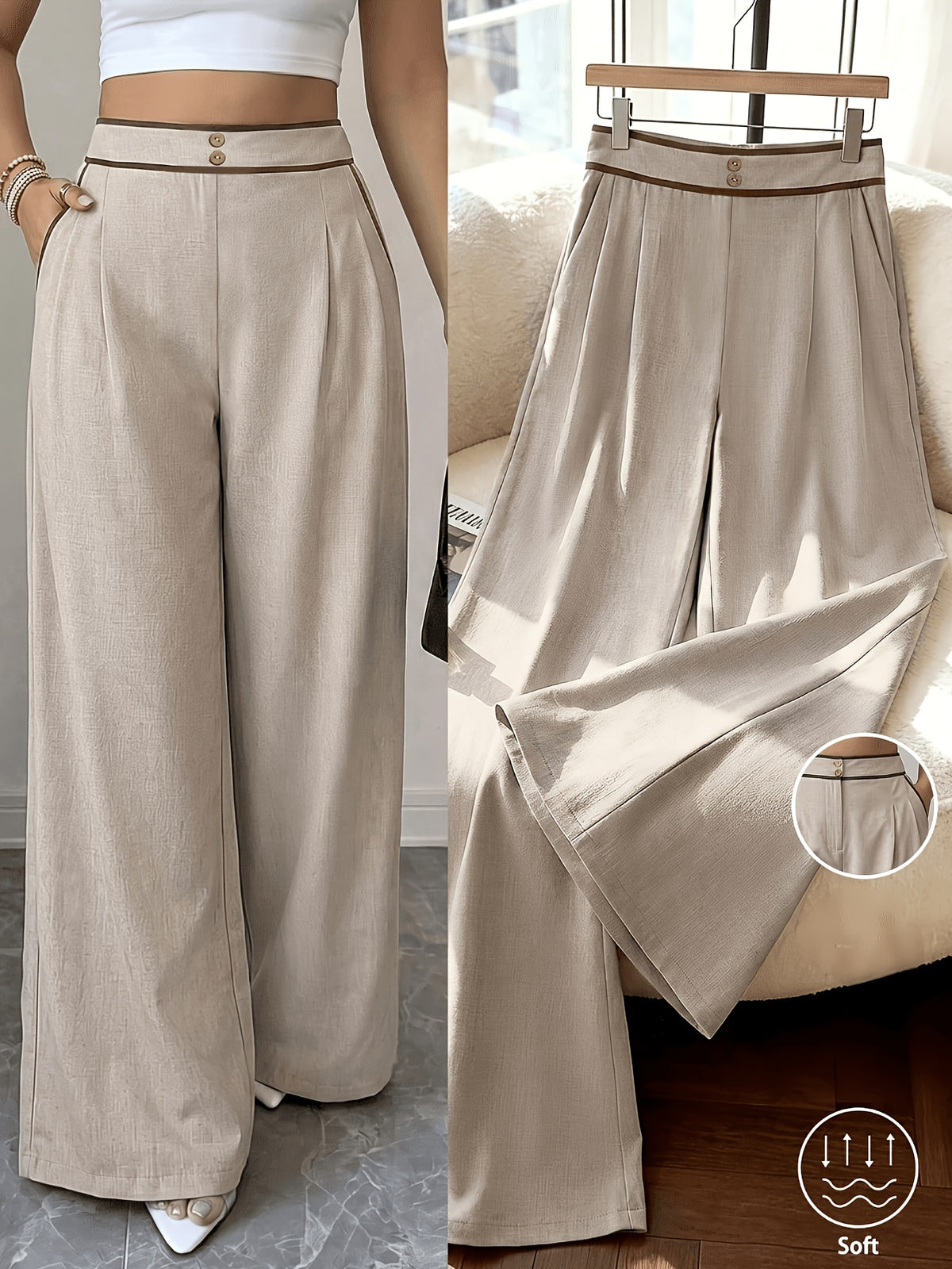 Pantalon beige grande taille — Liseré brun et plis larges