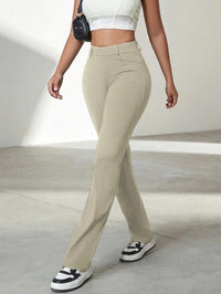 Pantalon beige grande taille — Maille extensible, jambe droite