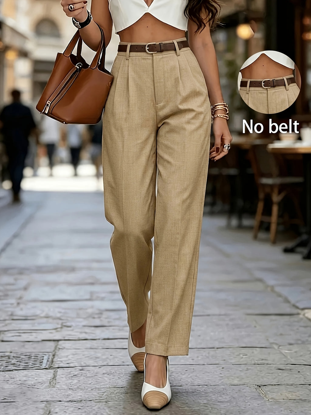 Pantalon beige sable grande taille — Plis creux et passants
