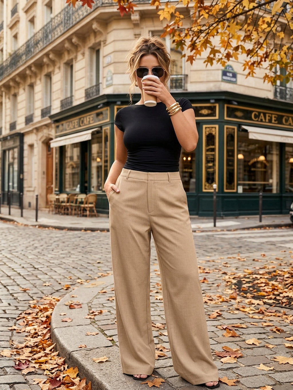 Pantalon chic grande taille — Beige sable, large et droit