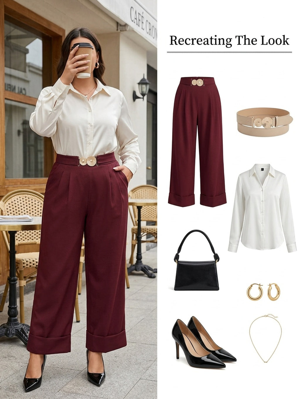 Pantalon chic grande taille — Bordeaux à revers et boucle dorée