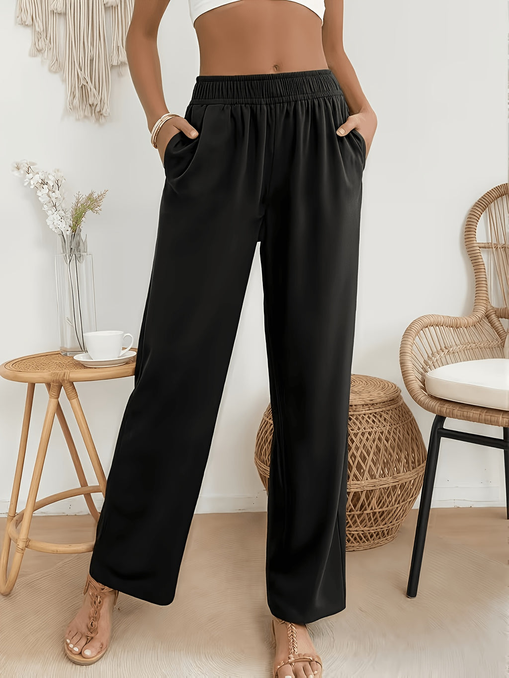 Pantalon en coton grande taille — Noir crêpé, jambe droite