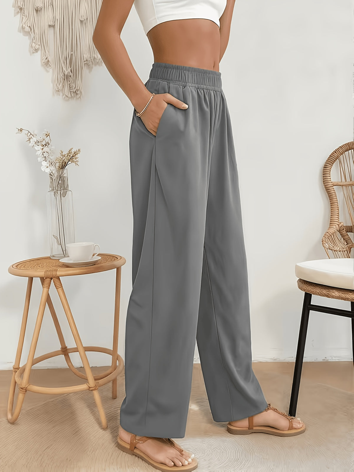 Pantalon en coton grande taille — Noir crêpé, jambe droite